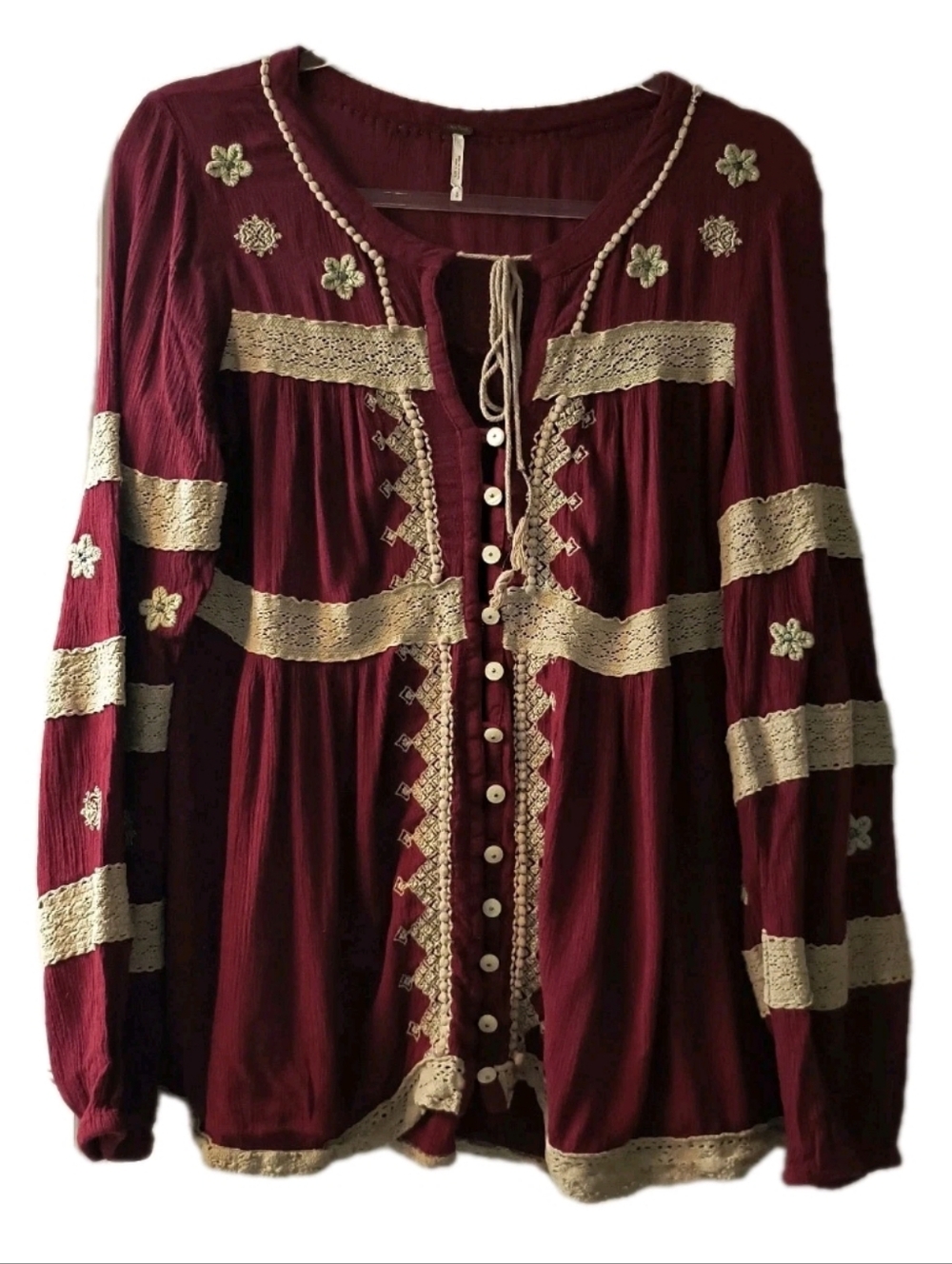 Free People Wild Horses Embroidered Blouse Maroon Boho Lace Peasant Top Small